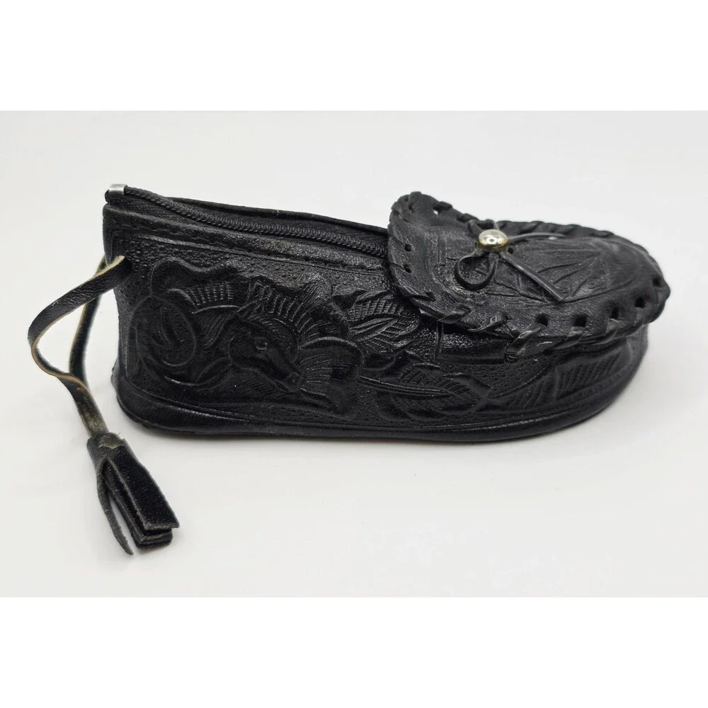 Vintage black leather shoe coin purse with zipper Horses Mexico